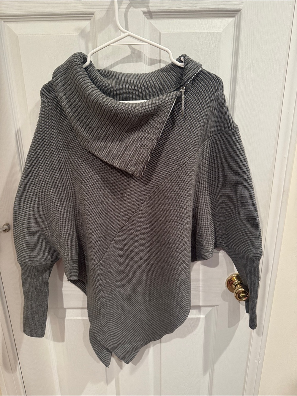 White House Black Market Gray Ribbed Asymmetric Zip-Turtleneck Sweater